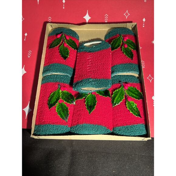 VTG MCM 6 Red & Green Terry Cloth Christmas Koozies W/Holly Original Box - Picture 3 of 4